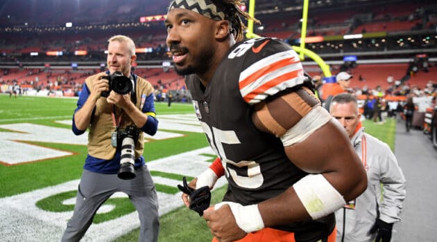 Myles Garrett #95 of the Cleveland Browns celebrates after the game against the Cincinnati Bengals at FirstEnergy Stadium on October 31, 2022 in Cleveland, Ohio.