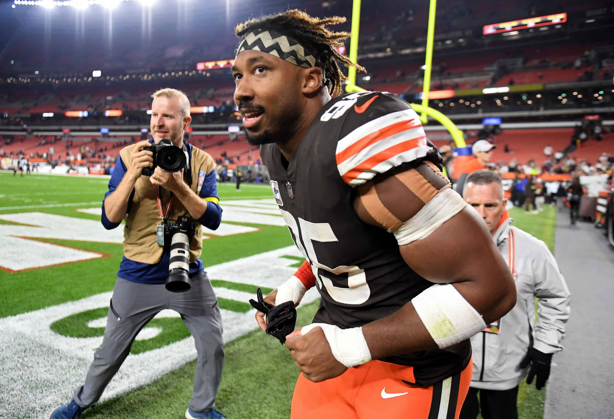 Myles Garrett #95 of the Cleveland Browns celebrates after the game against the Cincinnati Bengals at FirstEnergy Stadium on October 31, 2022 in Cleveland, Ohio.