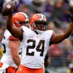 Nick Chubb #24 of the Cleveland Browns celebrates after a touchdown during the first quarter of the game against the Baltimore Ravens at M&T Bank Stadium on October 23, 2022 in Baltimore, Maryland.