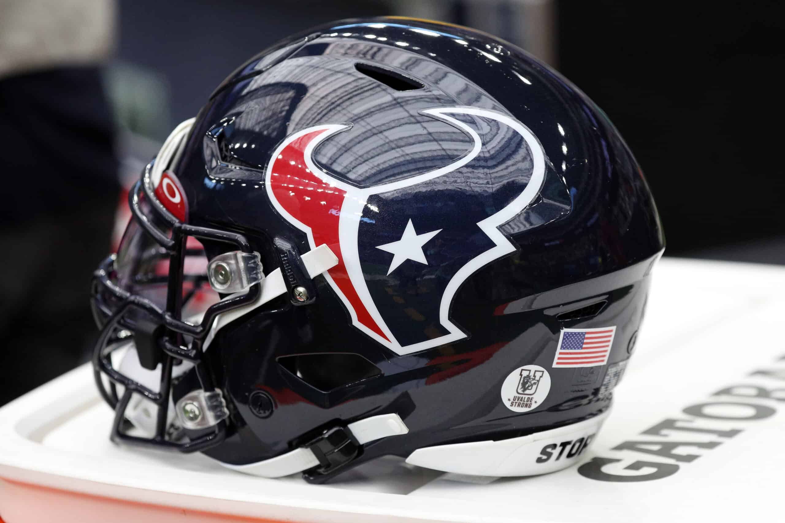 A detail of a Uvalde Strong decal on a Houston Texans helmet prior to the game between the Indianapolis Colts and the Houston Texans at NRG Stadium on September 11, 2022 in Houston, Texas. 