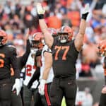 Wyatt Teller #77 celebrates a field goal by Cade York #3 of the Cleveland Browns during the first half against the Tampa Bay Buccaneers at FirstEnergy Stadium on November 27, 2022 in Cleveland, Ohio.