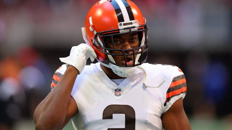 Amari Cooper #2 of the Cleveland Browns looks on before the game against the Atlanta Falcons at Mercedes-Benz Stadium on October 02, 2022 in Atlanta, Georgia.