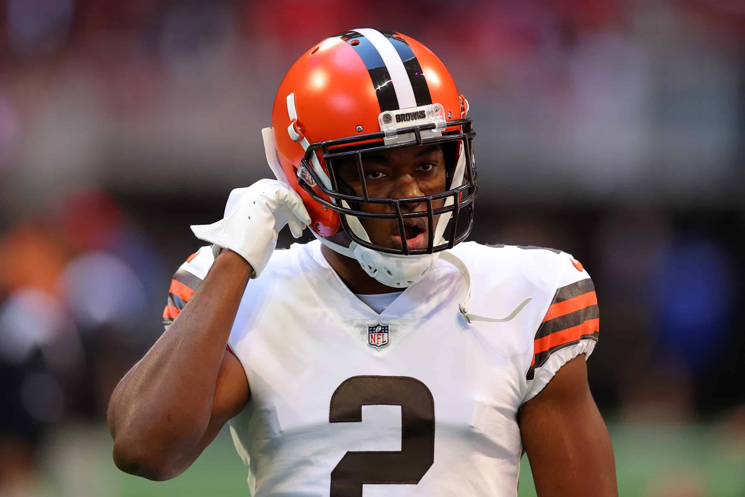 Amari Cooper #2 of the Cleveland Browns looks on before the game against the Atlanta Falcons at Mercedes-Benz Stadium on October 02, 2022 in Atlanta, Georgia.