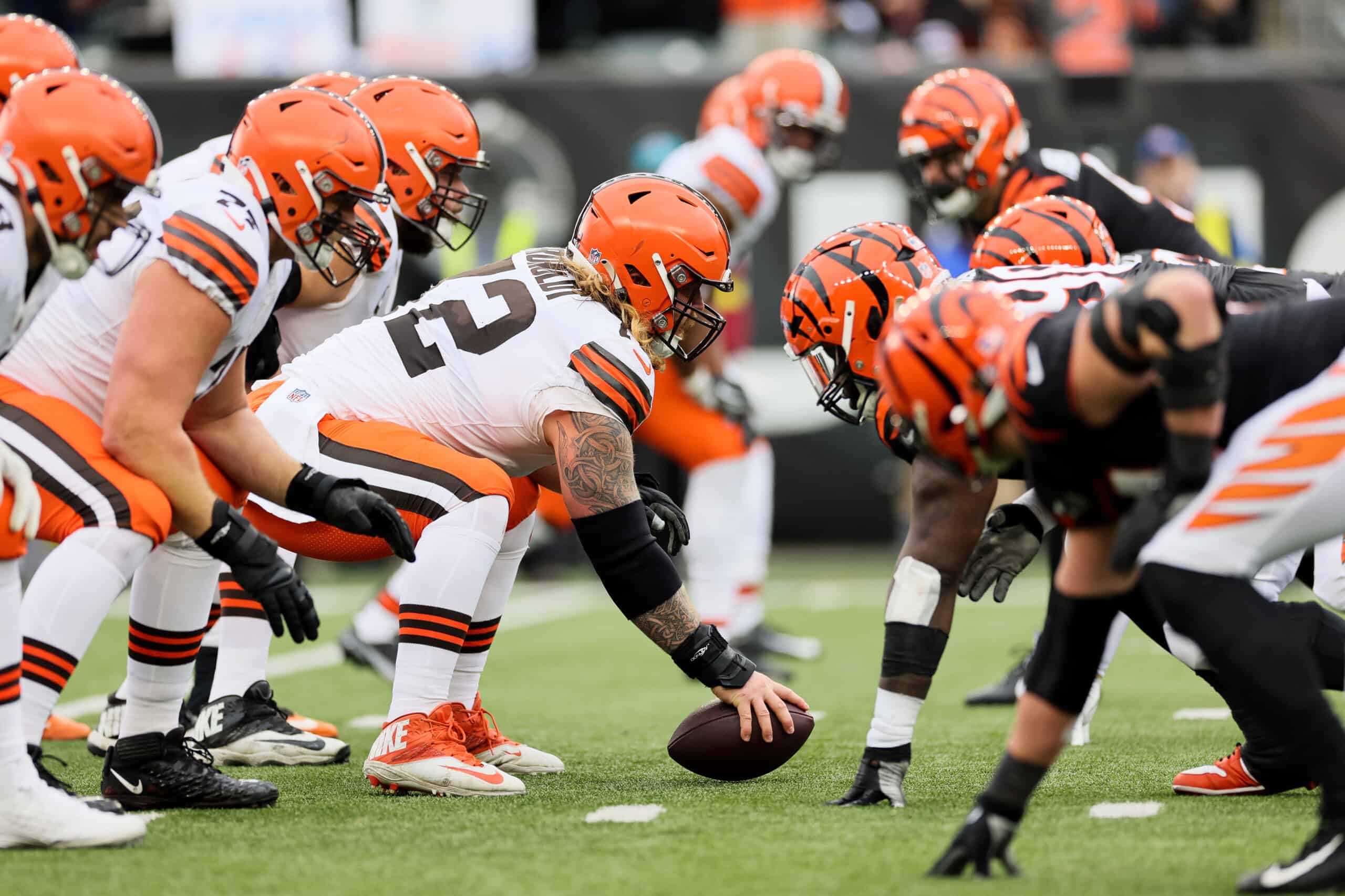 The Cleveland Browns and the Cincinnati Bengals line up before a play in the first half at Paycor Stadium on December 11, 2022 in Cincinnati, Ohio. 