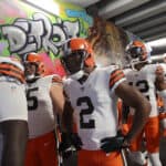 Amari Cooper #2 of the Cleveland Browns looks onward before taking the field during pregame against the Buffalo Bills at Ford Field on November 20, 2022 in Detroit, Michigan.
