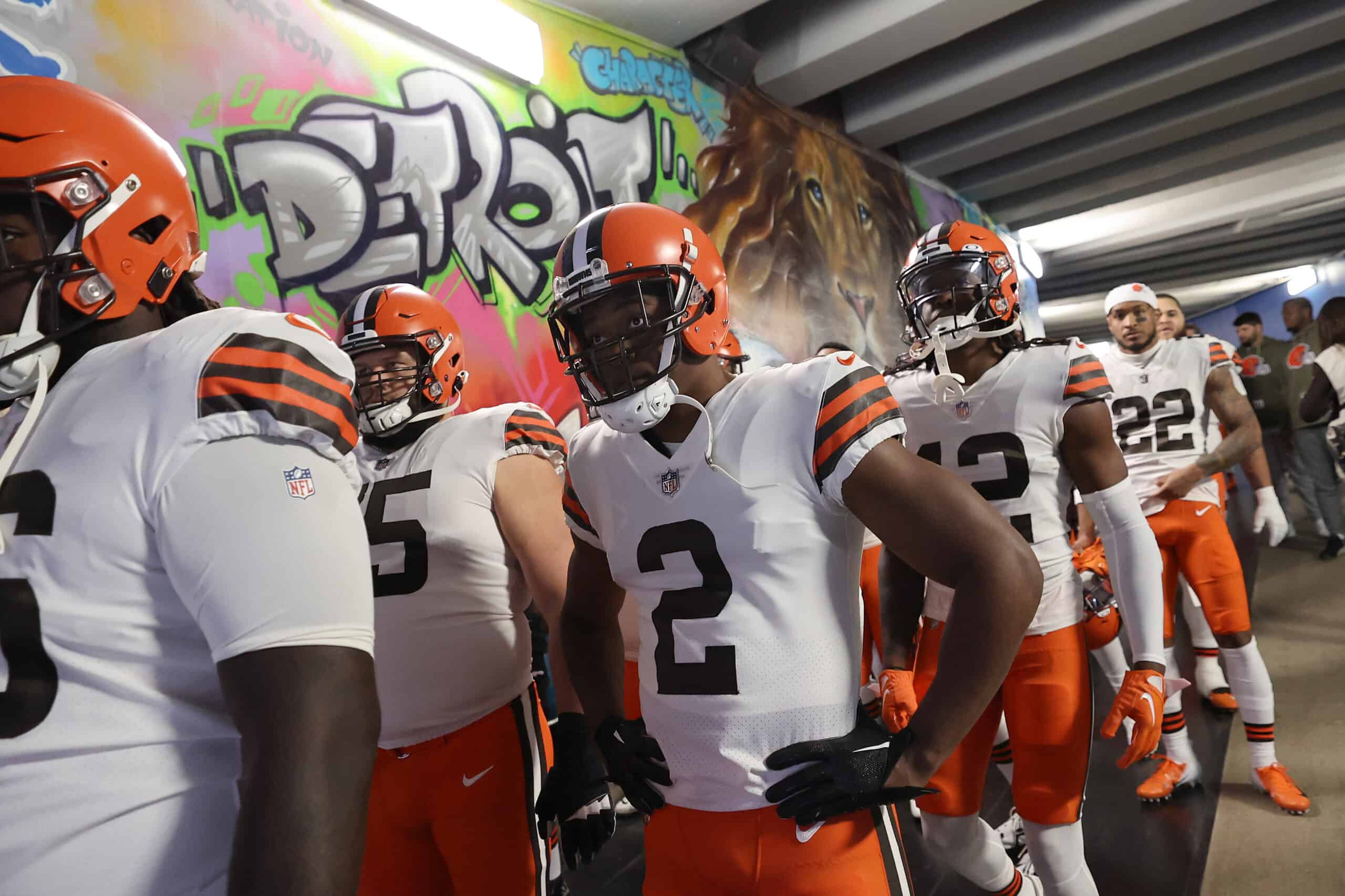 Amari Cooper #2 of the Cleveland Browns looks onward before taking the field during pregame against the Buffalo Bills at Ford Field on November 20, 2022 in Detroit, Michigan.