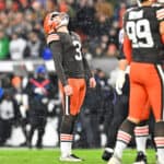 Cade York #3 of the Cleveland Browns reacts after a missed field goal attempt against the Baltimore Ravens during the fourth quarter at FirstEnergy Stadium on December 17, 2022 in Cleveland, Ohio.