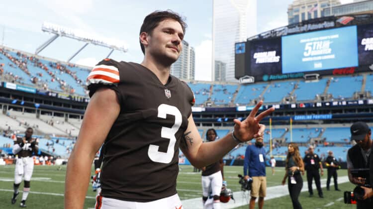 Cade York #3 of the Cleveland Browns leaves the field after making a 58-yard go-ahead field goal during the fourth quarter against the Carolina Panthers at Bank of America Stadium on September 11, 2022 in Charlotte, North Carolina.