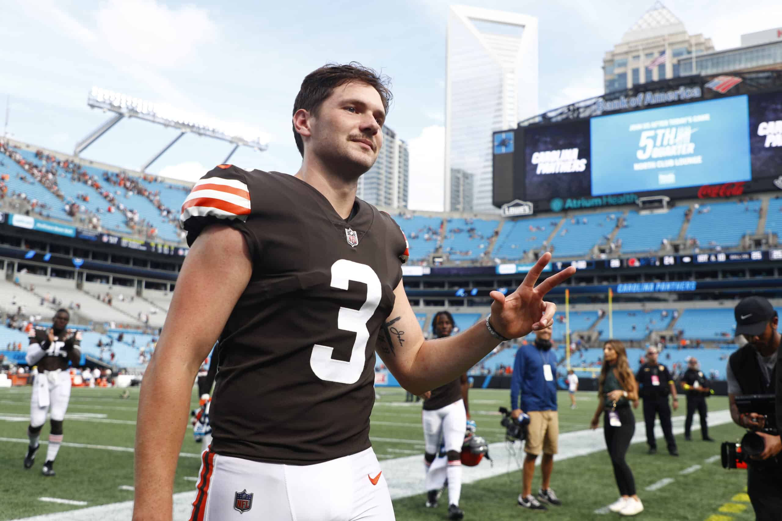 Cade York #3 of the Cleveland Browns leaves the field after making a 58-yard go-ahead field goal during the fourth quarter against the Carolina Panthers at Bank of America Stadium on September 11, 2022 in Charlotte, North Carolina.