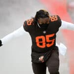 David Njoku #85 of the Cleveland Browns takes the field during the player introductions prior to the game against the New Orleans Saints at FirstEnergy Stadium on December 24, 2022 in Cleveland, Ohio.