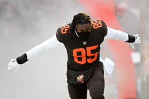 David Njoku #85 of the Cleveland Browns takes the field during the player introductions prior to the game against the New Orleans Saints at FirstEnergy Stadium on December 24, 2022 in Cleveland, Ohio.