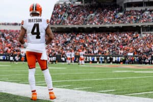 Deshaun Watson #4 of the Cleveland Browns looks on from the sidelines during the first half of a game against the Cincinnati Bengals at Paycor Stadium on December 11, 2022 in Cincinnati, Ohio.