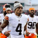Deshaun Watson #4 of the Cleveland Browns runs off the field after being defeated by the Cincinnati Bengals 23-10 at Paycor Stadium on December 11, 2022 in Cincinnati, Ohio.