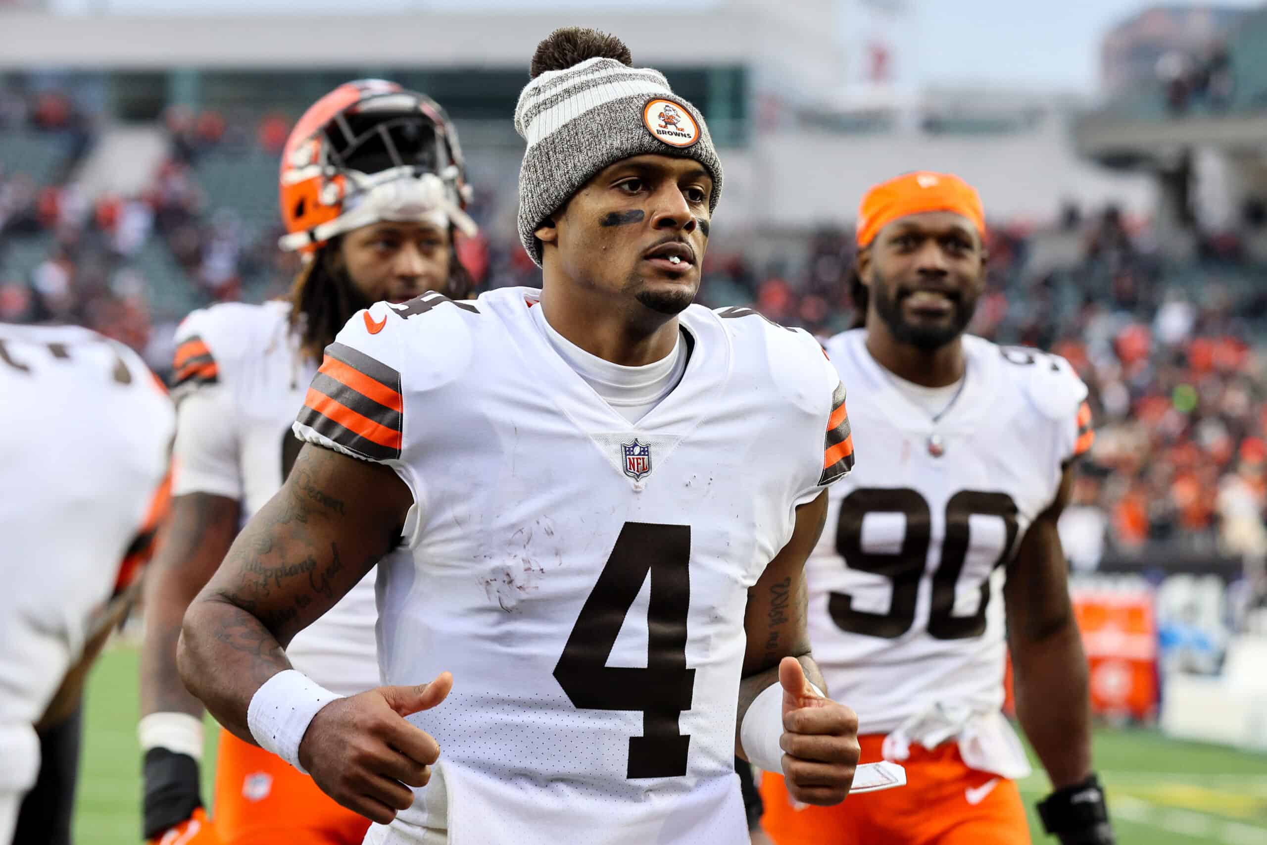 Deshaun Watson #4 of the Cleveland Browns runs off the field after being defeated by the Cincinnati Bengals 23-10 at Paycor Stadium on December 11, 2022 in Cincinnati, Ohio. 