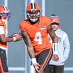 Deshaun Watson #4 of the Cleveland Browns runs a drill during a practice at CrossCountry Mortgage Campus on November 23, 2022 in Berea, Ohio.