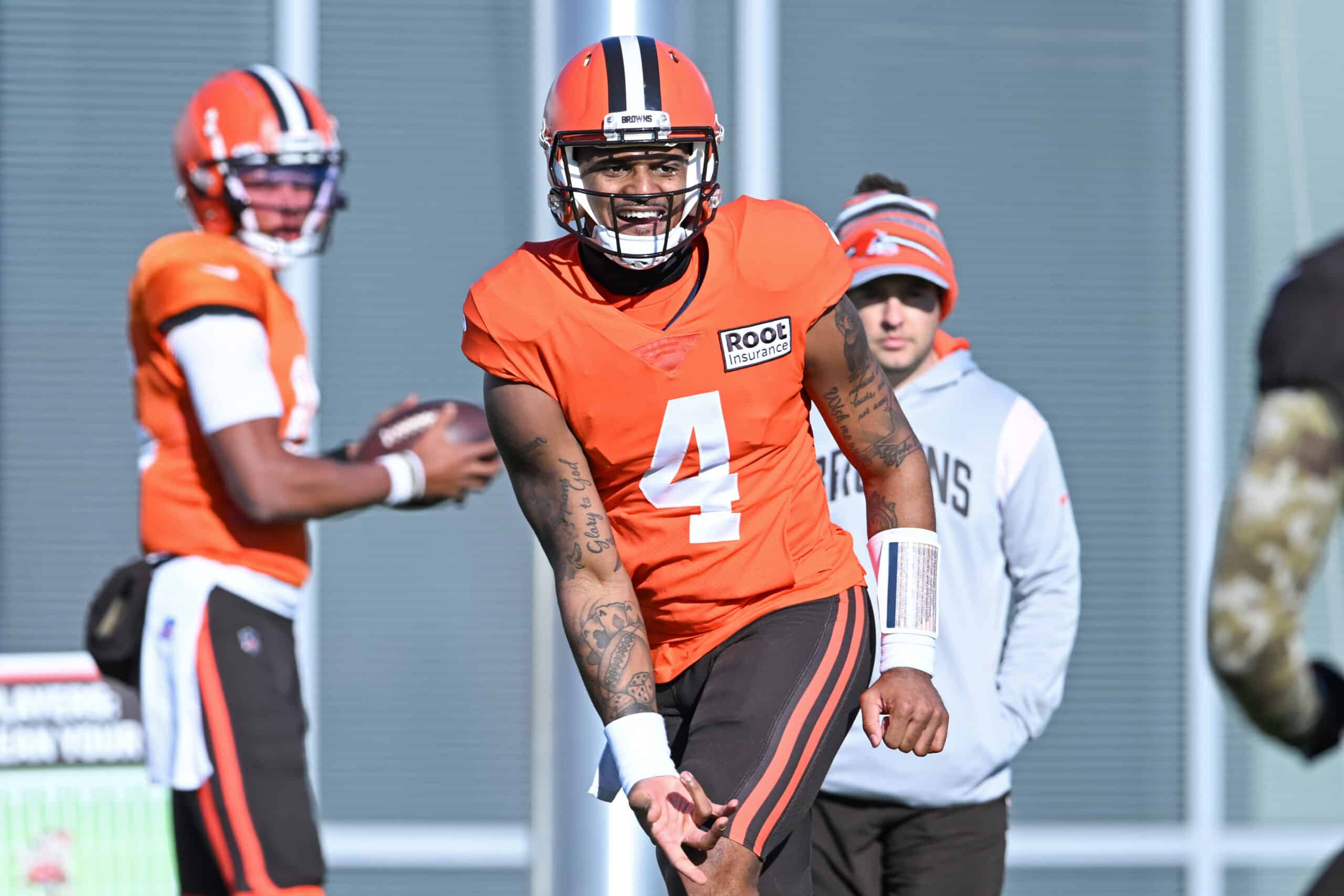 Deshaun Watson #4 of the Cleveland Browns runs a drill during a practice at CrossCountry Mortgage Campus on November 23, 2022 in Berea, Ohio.