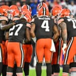 Deshaun Watson #4 of the Cleveland Browns huddles with his team during the first quarter against the Baltimore Ravens at FirstEnergy Stadium on December 17, 2022 in Cleveland, Ohio.