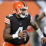 Deshaun Watson #4 of the Cleveland Browns looks to pass against the Baltimore Ravens during the third quarter at FirstEnergy Stadium on December 17, 2022 in Cleveland, Ohio.