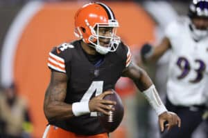 Deshaun Watson #4 of the Cleveland Browns looks to pass against the Baltimore Ravens during the third quarter at FirstEnergy Stadium on December 17, 2022 in Cleveland, Ohio.