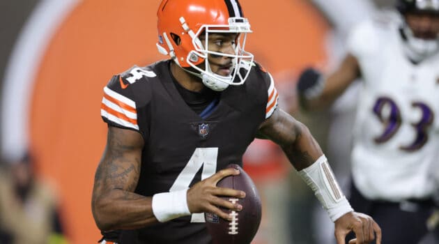 Deshaun Watson #4 of the Cleveland Browns looks to pass against the Baltimore Ravens during the third quarter at FirstEnergy Stadium on December 17, 2022 in Cleveland, Ohio.