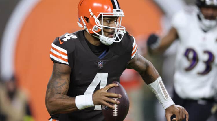 Deshaun Watson #4 of the Cleveland Browns looks to pass against the Baltimore Ravens during the third quarter at FirstEnergy Stadium on December 17, 2022 in Cleveland, Ohio.
