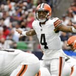 Deshaun Watson #4 of the Cleveland Browns calls a play during the third quarter against the Houston Texans during the third quarter at NRG Stadium on December 04, 2022 in Houston, Texas.