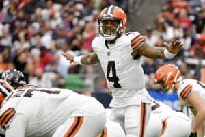 Deshaun Watson #4 of the Cleveland Browns calls a play during the third quarter against the Houston Texans during the third quarter at NRG Stadium on December 04, 2022 in Houston, Texas.