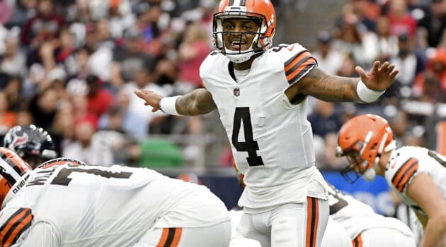 Deshaun Watson #4 of the Cleveland Browns calls a play during the third quarter against the Houston Texans during the third quarter at NRG Stadium on December 04, 2022 in Houston, Texas.