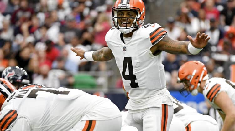 Deshaun Watson #4 of the Cleveland Browns calls a play during the third quarter against the Houston Texans during the third quarter at NRG Stadium on December 04, 2022 in Houston, Texas.