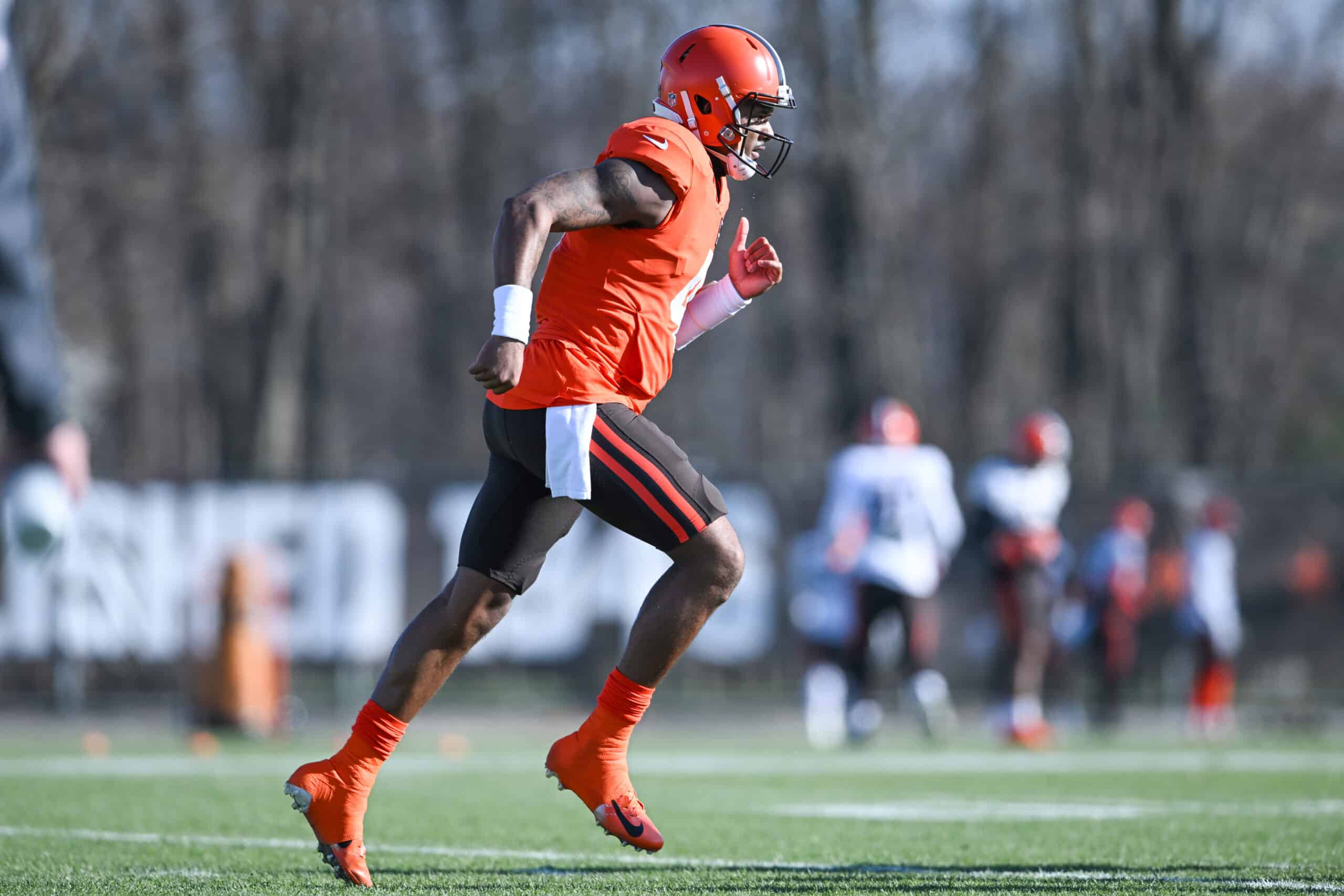 Deshaun Watson #4 of the Cleveland Browns runs a drill during a practice at CrossCountry Mortgage Campus on November 23, 2022 in Berea, Ohio. 