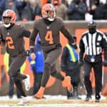 Deshaun Watson #4 of the Cleveland Browns reacts after a play during the first half in the game against the New Orleans Saints at FirstEnergy Stadium on December 24, 2022 in Cleveland, Ohio.
