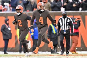 Deshaun Watson #4 of the Cleveland Browns reacts after a play during the first half in the game against the New Orleans Saints at FirstEnergy Stadium on December 24, 2022 in Cleveland, Ohio.