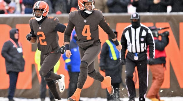 Deshaun Watson #4 of the Cleveland Browns reacts after a play during the first half in the game against the New Orleans Saints at FirstEnergy Stadium on December 24, 2022 in Cleveland, Ohio.