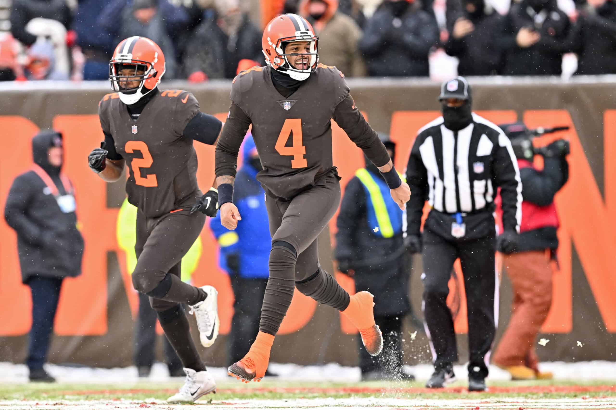 Deshaun Watson #4 of the Cleveland Browns reacts after a play during the first half in the game against the New Orleans Saints at FirstEnergy Stadium on December 24, 2022 in Cleveland, Ohio. 