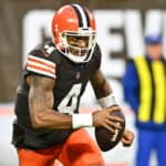 Deshaun Watson #4 of the Cleveland Browns scrambles against the Baltimore Ravens during the first quarter at FirstEnergy Stadium on December 17, 2022 in Cleveland, Ohio.