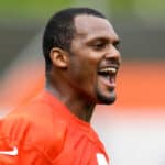 Deshaun Watson #4 of the Cleveland Browns reacts during Browns OTAs at CrossCountry Mortgage Campus on May 25, 2022 in Berea, Ohio.
