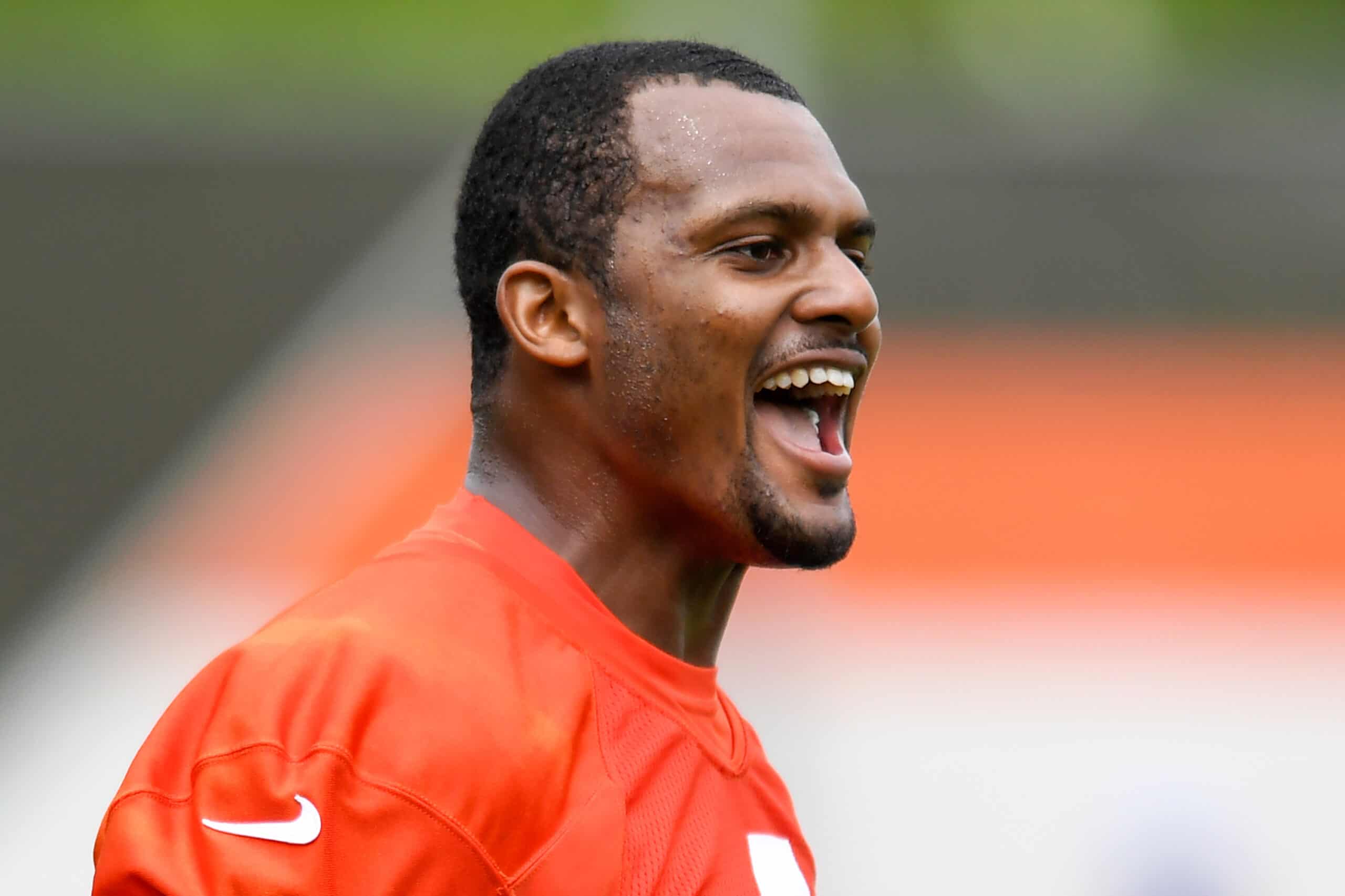 Deshaun Watson #4 of the Cleveland Browns reacts during Browns OTAs at CrossCountry Mortgage Campus on May 25, 2022 in Berea, Ohio.