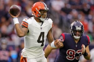 Deshaun Watson #4 of the Cleveland Browns attempts a pass during the first quarter against the Houston Texans at NRG Stadium on December 04, 2022 in Houston, Texas.