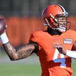 Deshaun Watson #4 of the Cleveland Browns throws a pass during a practice at CrossCountry Mortgage Campus on November 23, 2022 in Berea, Ohio.