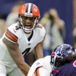 Deshaun Watson #4 of the Cleveland Browns calls a play during the first quarter against the Houston Texans at NRG Stadium on December 04, 2022 in Houston, Texas.