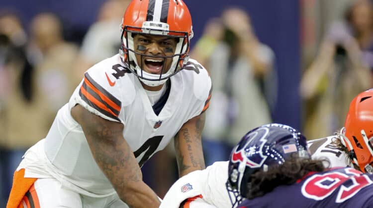 Deshaun Watson #4 of the Cleveland Browns calls a play during the first quarter against the Houston Texans at NRG Stadium on December 04, 2022 in Houston, Texas.