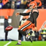 CLEVELAND, OHIO - DECEMBER 17: Corey Bojorquez #13 of the Cleveland Browns punts against the Baltimore Ravens during the second quarter at FirstEnergy Stadium on December 17, 2022 in Cleveland, Ohio.