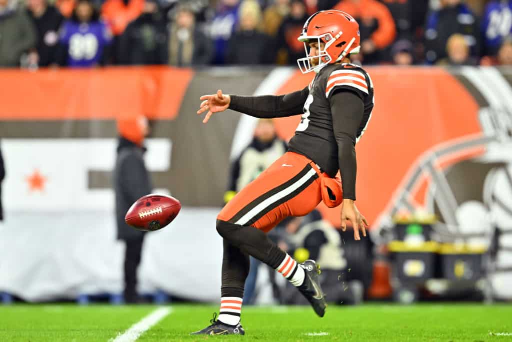 CLEVELAND, OHIO - DECEMBER 17: Corey Bojorquez #13 of the Cleveland Browns punts against the Baltimore Ravens during the second quarter at FirstEnergy Stadium on December 17, 2022 in Cleveland, Ohio.