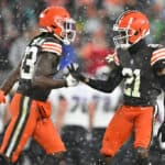 CLEVELAND, OHIO - DECEMBER 17: Denzel Ward #21 and Martin Emerson Jr. #23 of the Cleveland Browns react against the Baltimore Ravens during the fourth quarter at FirstEnergy Stadium on December 17, 2022 in Cleveland, Ohio.