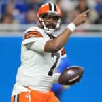 Jacoby Brissett #7 of the Cleveland Browns reacts after a play during the third quarter against the Buffalo Bills at Ford Field on November 20, 2022 in Detroit, Michigan.