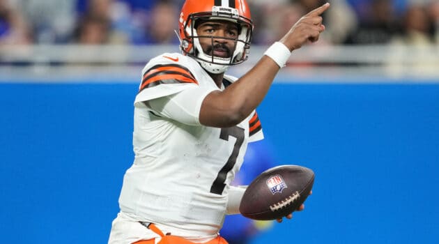 Jacoby Brissett #7 of the Cleveland Browns reacts after a play during the third quarter against the Buffalo Bills at Ford Field on November 20, 2022 in Detroit, Michigan.