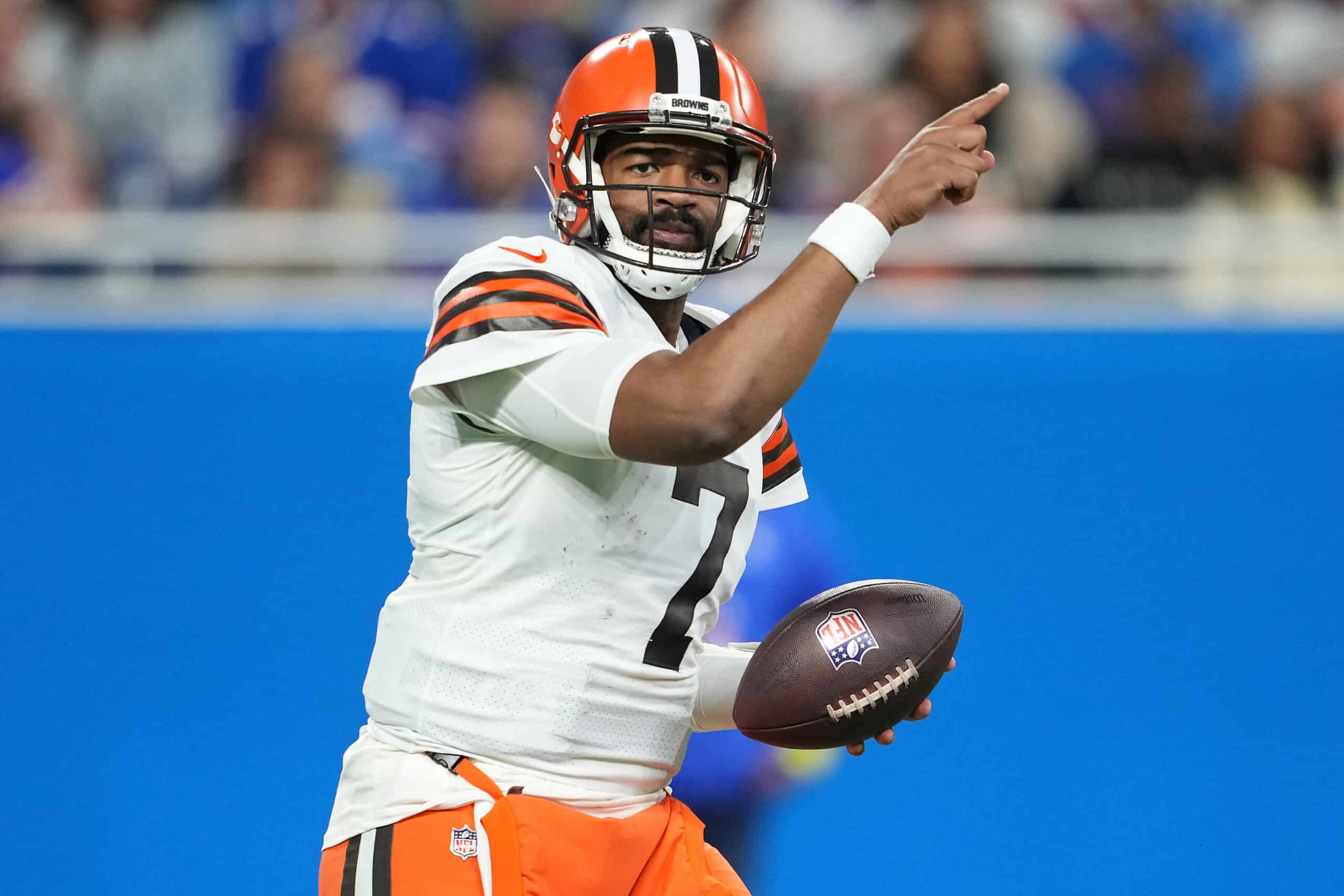 Jacoby Brissett #7 of the Cleveland Browns reacts after a play during the third quarter against the Buffalo Bills at Ford Field on November 20, 2022 in Detroit, Michigan. 