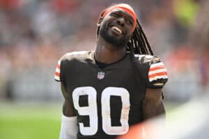 Jadeveon Clowney #90 of the Cleveland Browns looks on during the second half of the game against the New York Jets at FirstEnergy Stadium on September 18, 2022 in Cleveland, Ohio.