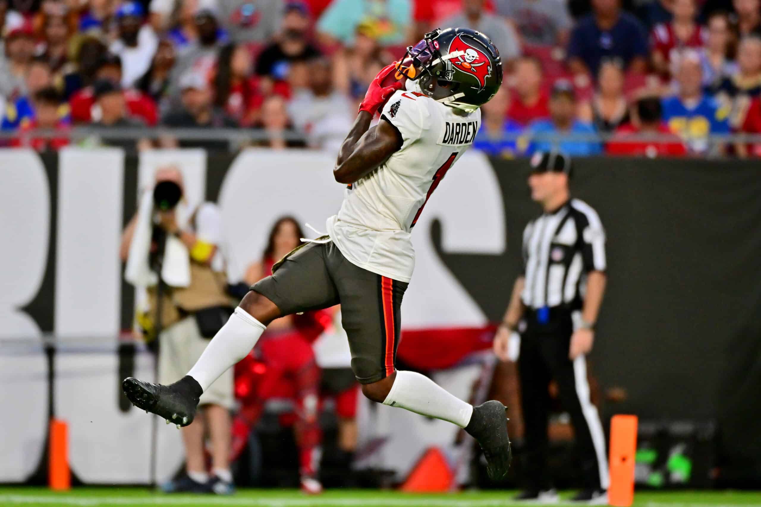 Jaelon Darden #1 of the Tampa Bay Buccaneers receives a kickoff in the second quarter of a game against the Los Angeles Rams at Raymond James Stadium on November 06, 2022 in Tampa, Florida.