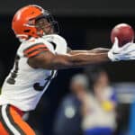 Jerome Ford #34 of the Cleveland Browns fields a kickoff during the first half against the Buffalo Bills at Ford Field on November 20, 2022 in Detroit, Michigan.